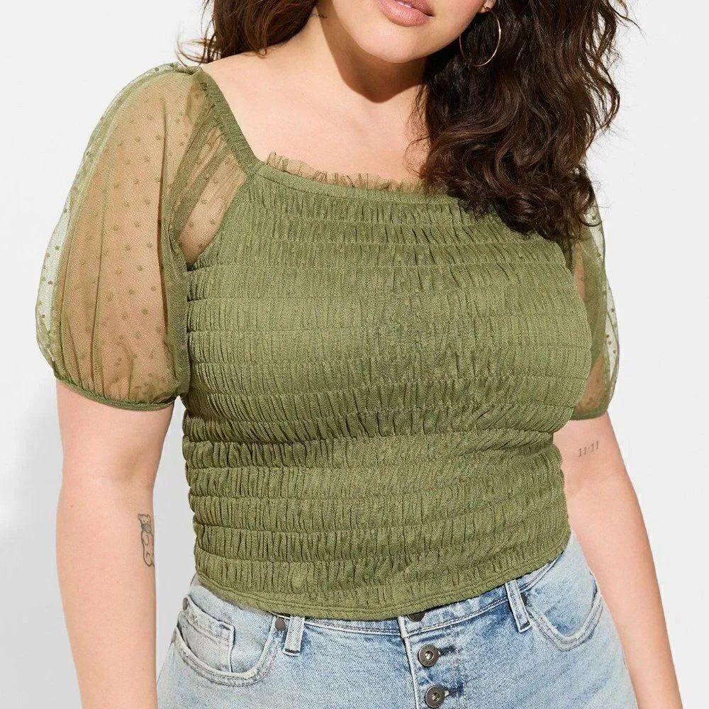 Torrid Dot MeshโSquare Neck Smocked CropโTop